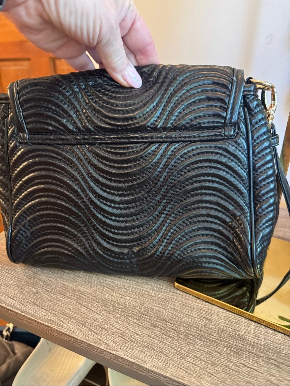 Versace Black Quilted Wave Wristlet with Gold Plaque